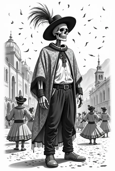 Black-and-white illustration of a muscular skeleton celebrating the Carnavales de Abancay, Peru. The skeleton has defined muscles and wears traditional carnival attire: a long patterned poncho, black pants, a crisp white shirt, and a black hat adorned with...