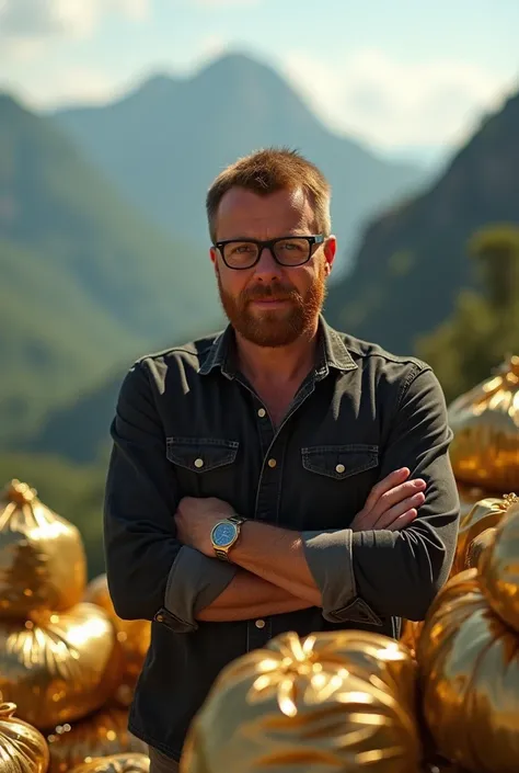  A man with a reddish brown beard. la barba es corta. he is a millionaire.  He has black glasses. It is surrounded by bags and gold.  In the background you can see green mountains. The man is young,  Around 35 years old .  He's folded, Looking winning .  s...