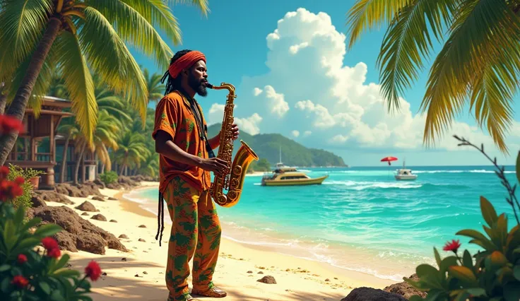 A reggae art and saxophone island vibes, high quality, 8k 