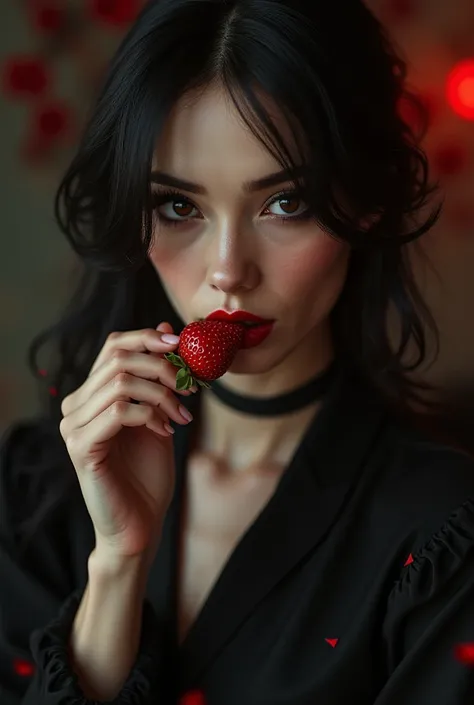 A vampire eating strawberry in the cup very beautiful woman