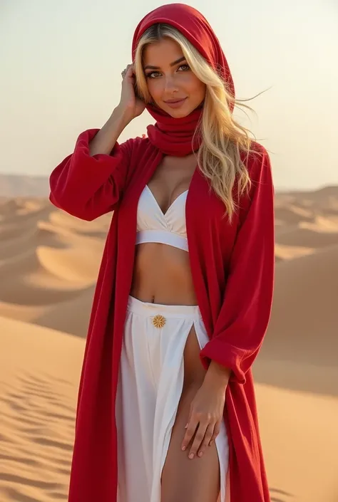  hyperrealistic photograph with real textures extremely detailed,  a masterpiece of exceptional quality, Of a beautiful blonde girl, 90 cm hips ,  the girl is in the desert dunes of Dubai, He is standing posing,  wears a red Arabian tunic around her head t...