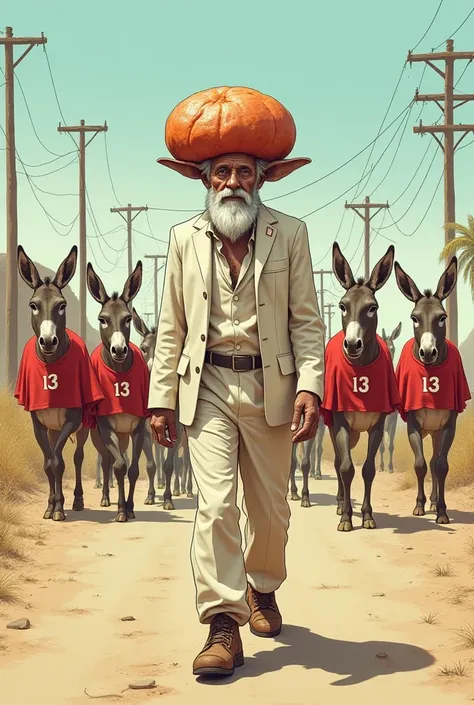 “An old man walking along a deserted road during the day. He wears a torn white suit and has a human face with long, pointed ears and a white beard. On top of its head, there is a huge piece of juicy beaf. The background shows a straight road with electric...