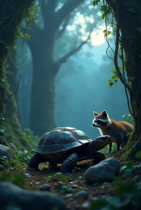 Make an animal a turtle in front of a raccoon detailed and beautiful at night in the woods