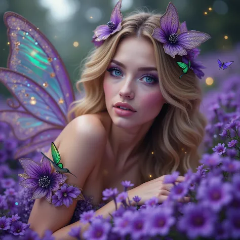 
A beautiful woman with a striking look , Iris of the blue eyes with bright reflection , purple eyeshadow degrade with smoky green ,  long lashes and eyeliner
Lying on a flowery floor of bright purple flowers with a purple hummingbird with iridescent green...