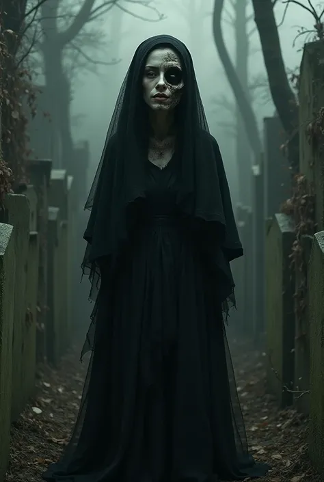 Image of a woman at the cemetery in a grave dressed in black with half her face decaying 