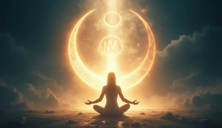 Description: A person stands or sits in the center of a glowing circle, surrounded by radiant light. The symbols of the crescent moon or the letter M subtly glow around them. The light emanating from the person reflects their spiritual power and awakening,...