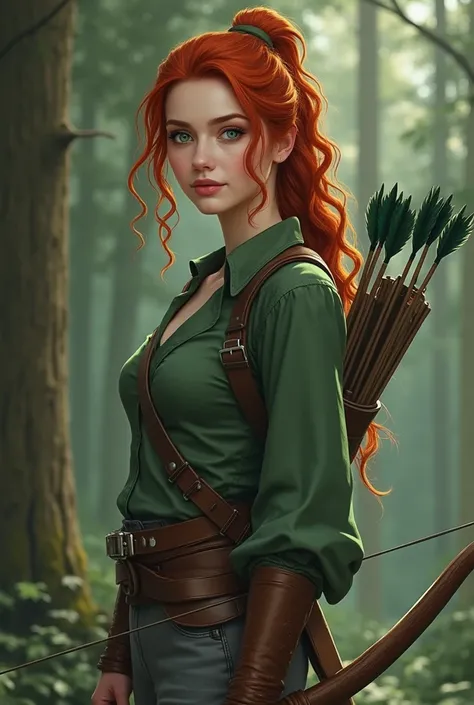  A woman, wavy red hair,  tied in a ponytail ,  emerald-green eyes , almost pale white skin, The shape of the inverted triangular face, small nose. With a dark green half-greyish blouse until, With gray pants, brown forest boots, A bow in the hand,  with a...