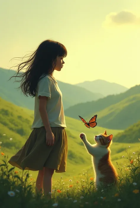 A female teenager stands watching a cat play with a butterfly from a great distance