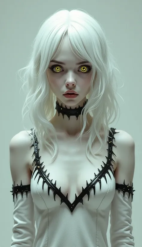 Girl with short, tight white dress with black details, the edges of the dress look like teeth, wavy white hair reaching waist length, white skin, yellow spiral eyes with black