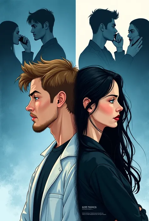  Book cover illustration in style semi-realistic .  in the lower part ,  a young man without a beard ,  with light brown hair and a lab coat ,  shows a slightly frustrated expression . At your side,  with her back to him ,  is a young girl with long black ...