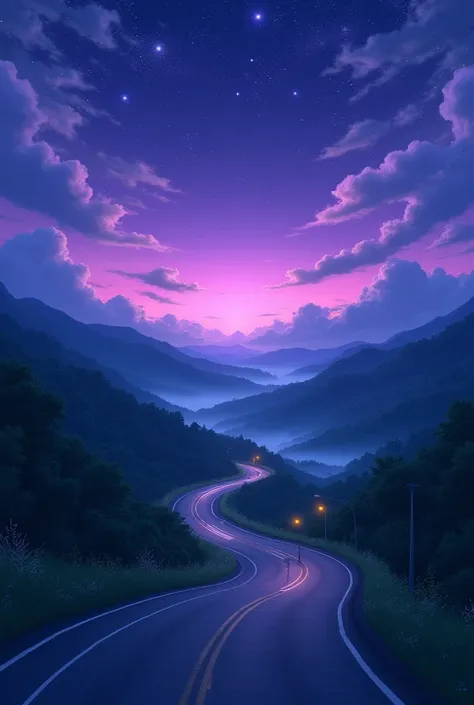 Make a road for me in Japan with cloudy skies with stars and purple skies 