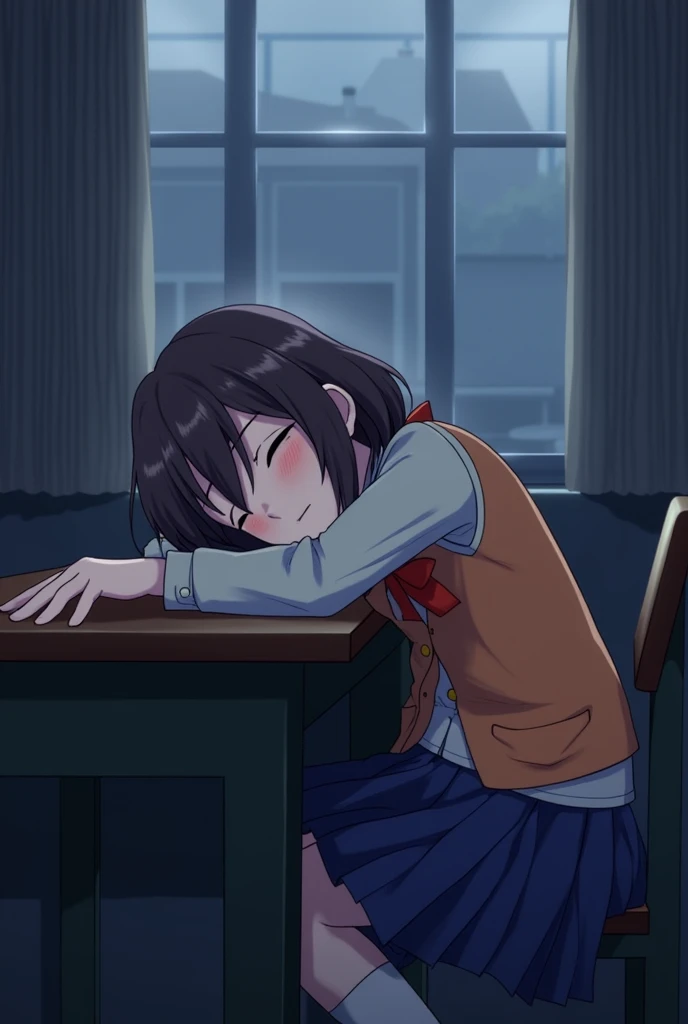  Yuri from Doki Doki Literary Club sleeps on her desk at school, Original  :  orange vest over a white shirt,  red thin bow under the collar, gray-brown jacket on top,  button-fastened spijage on top.  Blue school skirt , one eye is slightly open and looks...