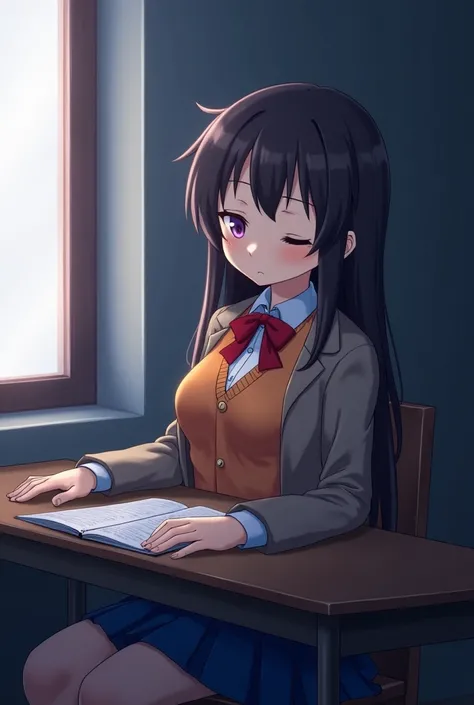  Yuri from Doki Doki Literary Club sleeps on her desk at school, Original  :  orange vest over a white shirt,  red thin bow under the collar, gray-brown jacket on top,  button-fastened spijage on top.  Blue school skirt , one eye is slightly open and looks...