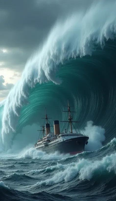 A hyper-realistic scene of a colossal tsunami engulfing a massive ship. The towering wave, dark and furious, rises high above the ship, which is caught in the midst of the powerful surge. The ship, once majestic, is being swallowed by the monstrous wave, w...