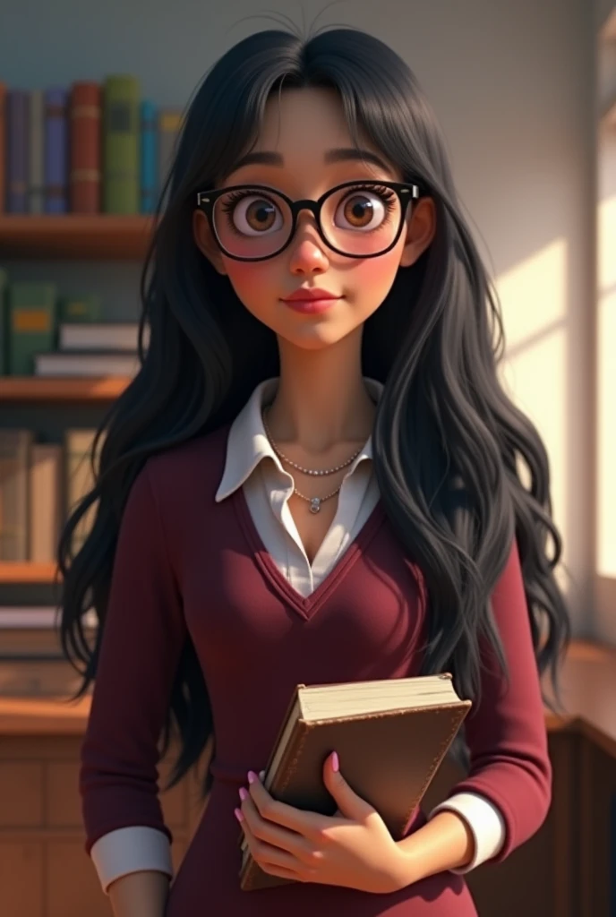 A full-body Pixar-style 3D literature teacher at a school with purple lenses,  long black hair ,  Brown Eyes, with a book in her hand, the title should say  "Communication and languages" in large color letters 
