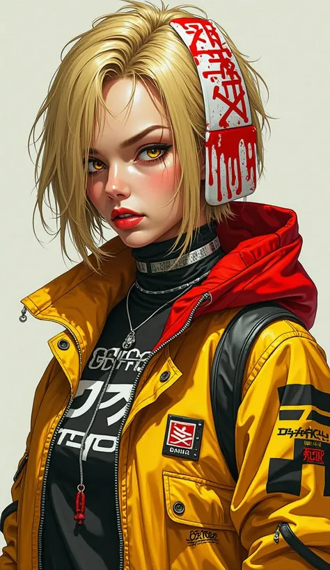 " A female character with short blond pointed hair , intense golden eyes and serious expression .  She wears a vibrant urban style and cyberpunk jacket ,  with predominant colors yellow and red ,  covered in graffiti and stylized patterns in black and whit...