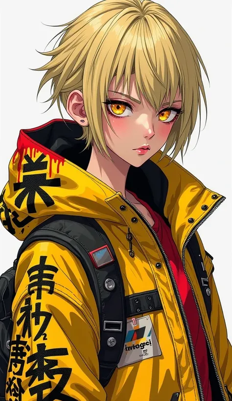 " A female character with short blond pointed hair , intense golden eyes and serious expression .  She wears a vibrant urban style and cyberpunk jacket ,  with predominant colors yellow and red ,  covered in graffiti and stylized patterns in black and whit...