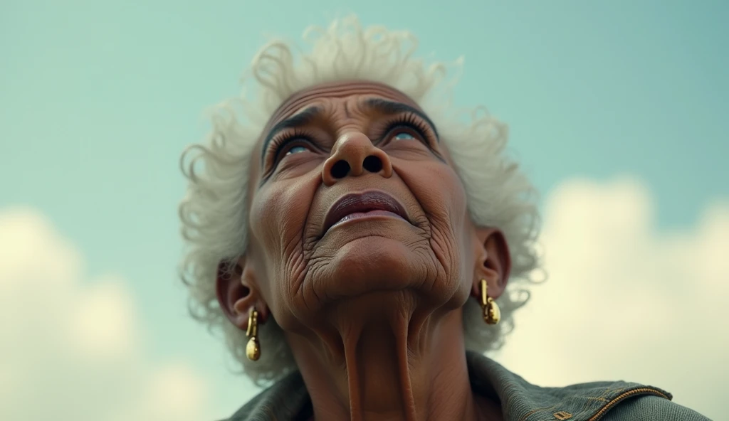 An elderly black woman looking up at the sky 