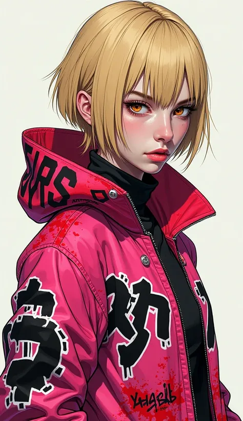 " A female character with short blond pointed hair , intense golden eyes and serious expression .  She wears a vibrant urban style and cyberpunk jacket , with predominant colors pink and red,  covered in graffiti and stylized patterns in black and white . ...