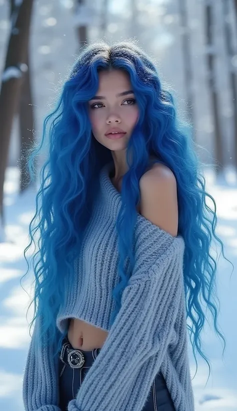 "A breathtaking influencer with long, curly cobalt blue hair stands in a snowy winter wonderland, wearing a chic long-sleeve wool sweater that exposes her shoulders and midriff. Her outfit contrasts beautifully with the icy surroundings, and her hair glist...