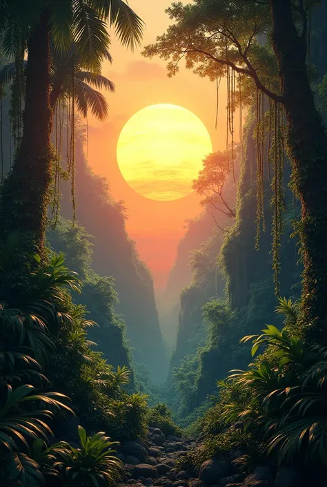 Dark jungle , with an exotic atmosphere and behind a very strong sun full of light in the foreground