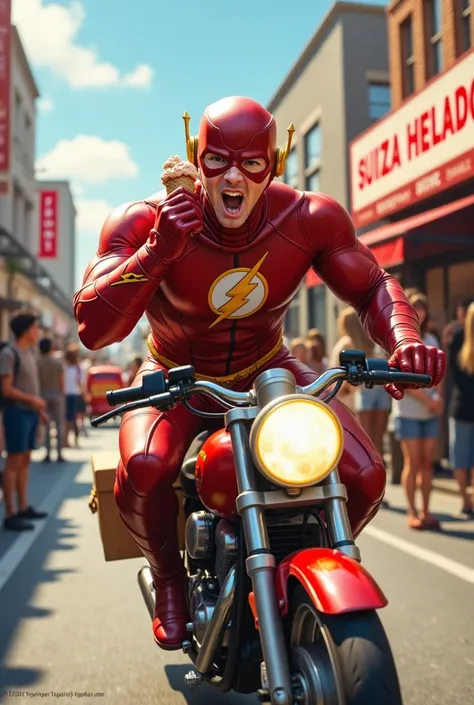 A superhero like Flash, eating an ice cream and flying through the air while delivering orders on a motorcycle or car. In the background, there's a busy ice cream shop named 'SUIZA HELADOS' with a sign visible. A few people are waiting in line, but it’s no...