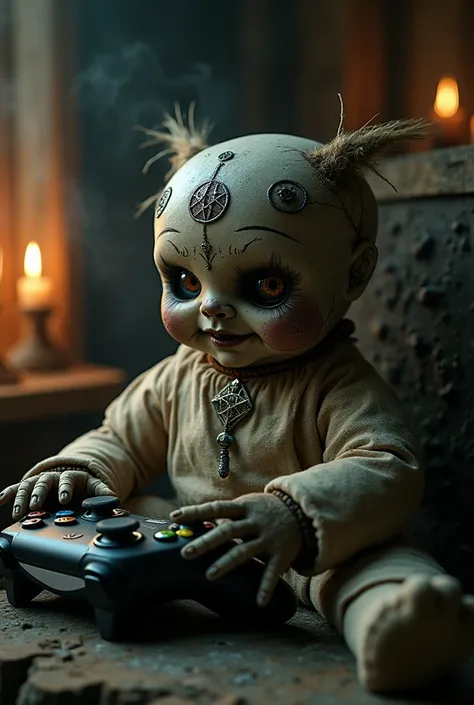 Voodoo doll playing Xbox