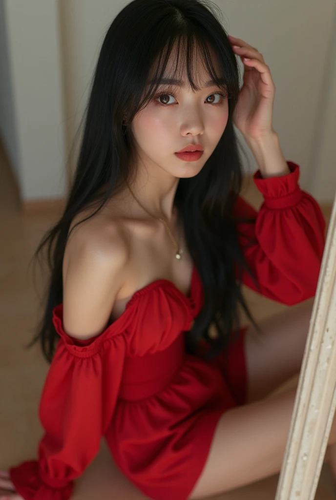  Generate an image of a Korean girl , 29 years old,  straight and very long black hair ,  round angelic face , glowing skin ,  shiny lips ,  amber eyes,   natural makeup ,  amber eyes angelicais grandes,  sleepy and fluffy , She is wearing a red baby doll ...