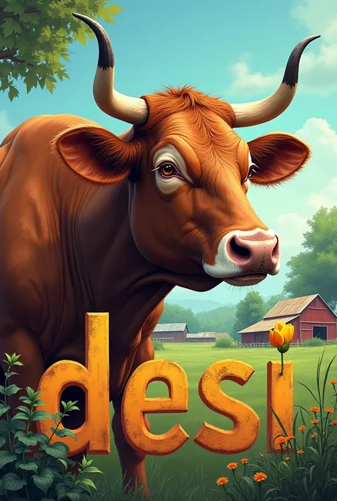 Cow should be full(there should be side view of cow ) and cows head should hit the word (DESI) and use farm theme (greens and blues)