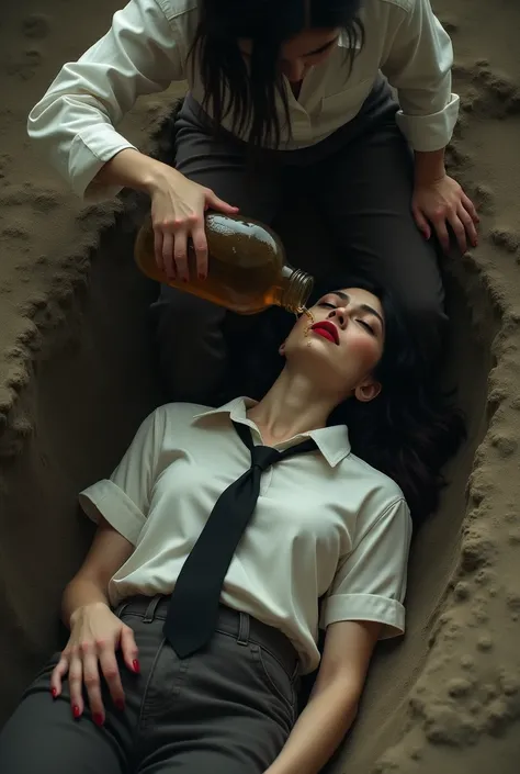 A dead woman dressed in a white shirt and black tie and dark brown jeans lies in a hole. Another woman empties a vase full of brown water over her face from above.