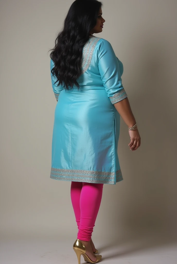 40 year old  tall and hourglass figure indian  women, sky blue tight fitting silk kurti and pink tight silk churidar leggings,long black hair ,6 inch gold stelito heels,thick leggs, round ass 43 inch ,bulging ass,huge breast,exposing big round ass,standing...