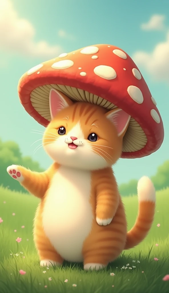  a character that looks like a fusion of mushrooms and kittens.。Genuine、 real 、Stereo、With natural colors 。Please draw a cat character with a mushroom on its head.。 Women Love to Be Cute 、 the background is a green prairie .。