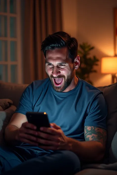 "Create an image of footballer Lionel Messi watching a YouTube live video with an excited expression. He is sitting in a cozy living room, holding a smartphone or tablet, reacting with joy and enthusiasm. The screen reflects a thrilling football match or a...