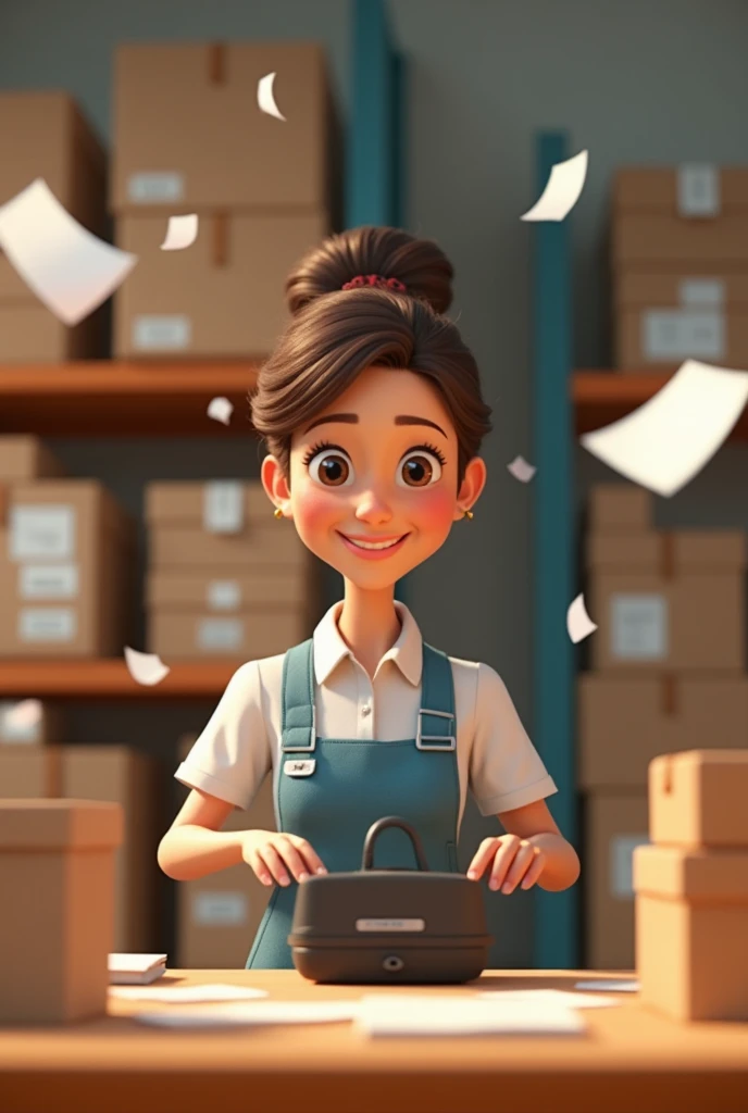  image, 3d pixar style, of a woman of approximately 30 years old ,  using a labeling machine smiling, in a scenario of stock ,  where several boxes are in the background,  and several labels flying . 