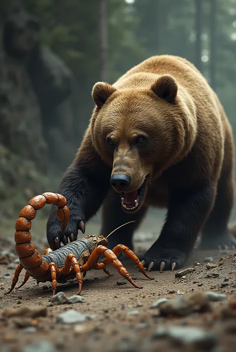 A scorpion stings a bear in the back on the ground