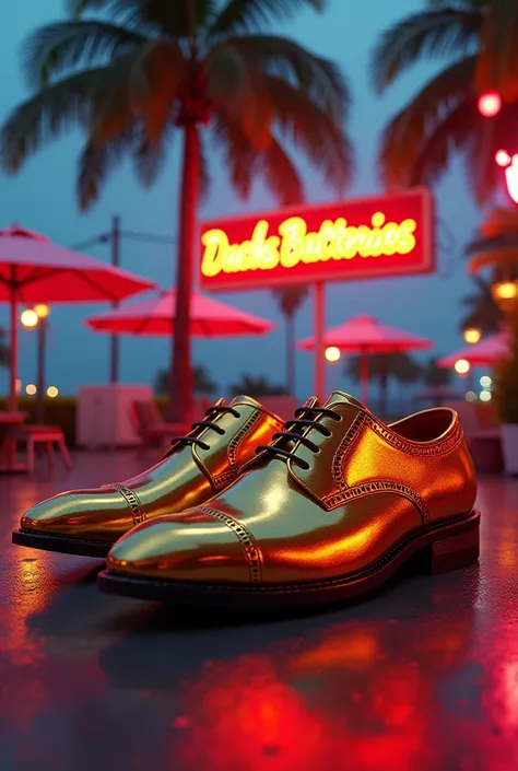 Mirror-style patent leather shoes for men in gold with a background of palms, umbrellas and neon lights with a sign that says DUCKS BATTERIES.