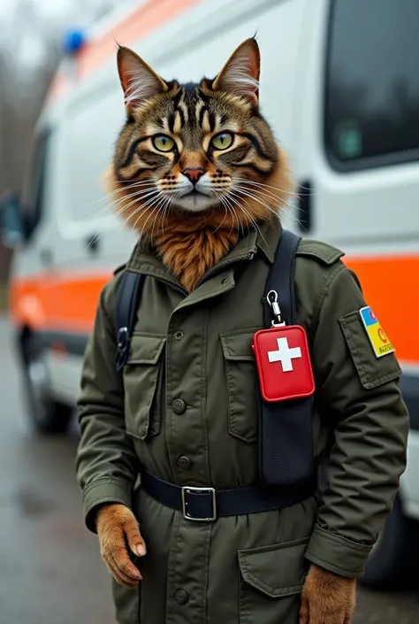 un chat rayé marron et noir est un médecin militaire : il est habillé comme un militaire mais porte une malette de premiers soins de couleur rouge ; il se tient debout à côté d'une ambulance ; sur cette ambulance, on voit le drapeau de l'Ukraine.