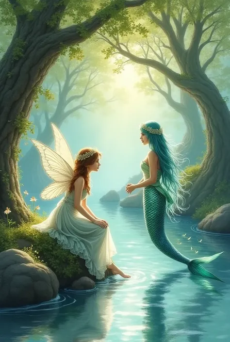 A fairy on the banks of a river talking to a mermaid in a drawing 