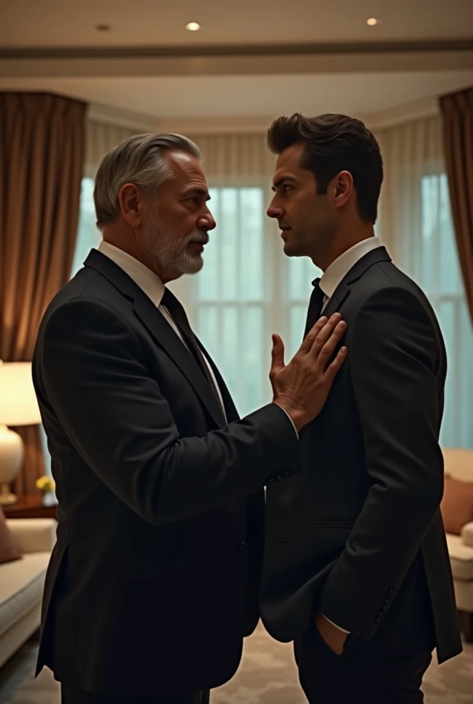 Handsome mature 40-year-old man dressed in a suit reconciling with his boyfriend, a casually dressed 30-year-old handsome young man in a living room of a luxury apartment