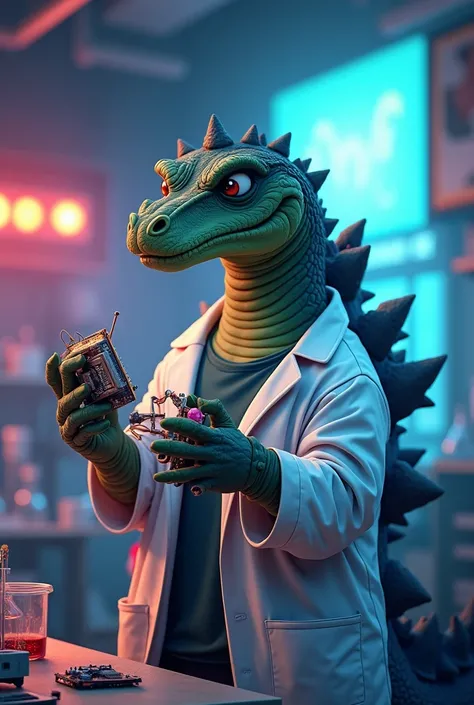 creates a godzilla in a doctor's coat holding electronic parts. The background is blurred and the image is cartoonish. the picture is half-length and the background is a laboratory with coloured LEDs. The subject stands out and the leds behind create a cyb...