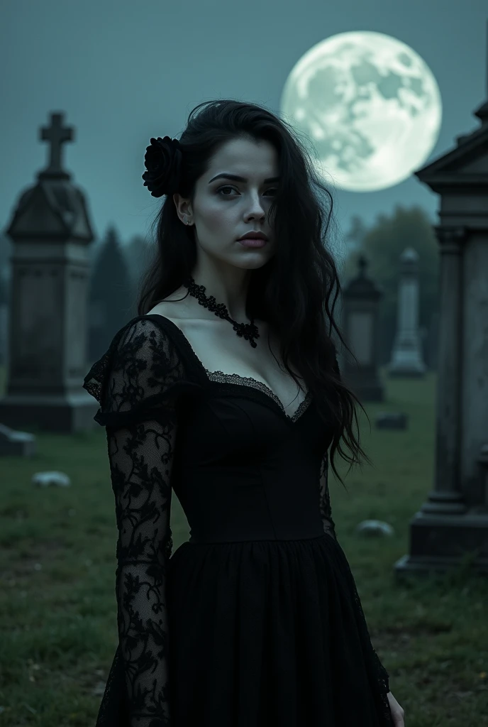 a moonlit night, full and big moon, gloomy atmosphere, inside an old cemetery, full of tombstones on the ground, on the ground, a white woman, black period dress, with black lace, long lace sleeves, long black and wavy hair, a black rose in her left ear, b...