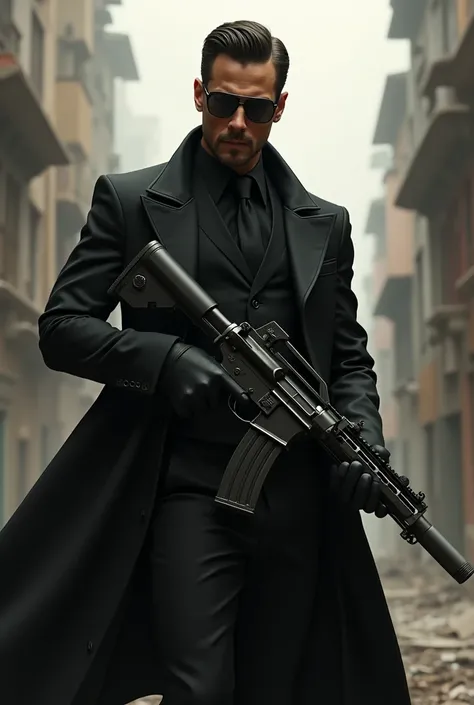 A handsome man with dark glasses and a black suit and a gunslinger using an assault rifle 