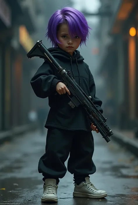 A boy in a cold black blouse with black pants with white sneakers with black hair at the bottom and purple on top with a pistol with a power