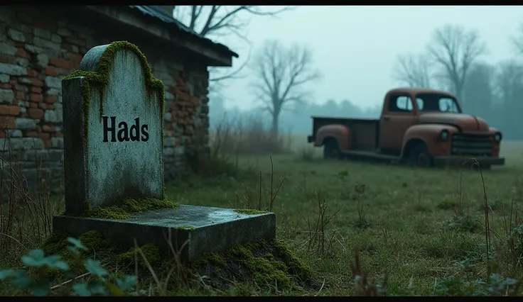 A grave with the name HADS with a broken wall on the left and an abandoned pickup truck on the right on a small farm 