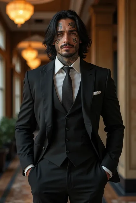   35 year old man ,   longer black hair ,   Brown Eyes, tatuajes,  muscles, shirt and pants , hombres&#39;s suit, hotel lounge . stand up