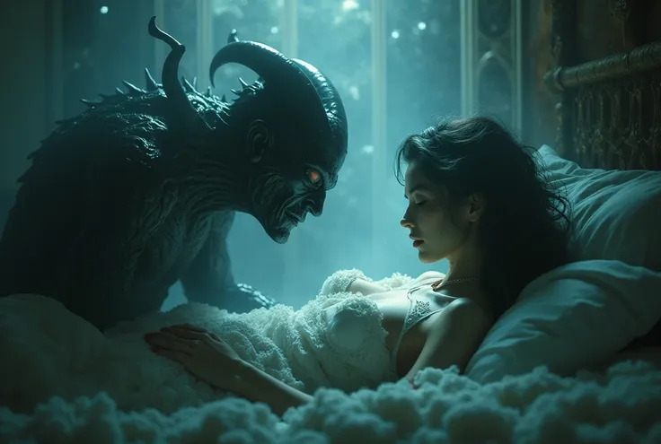  What would a place be like a scenario from a dream with a sucubus. A demon man staring at and sucking the vital energy of a sleeping woman 