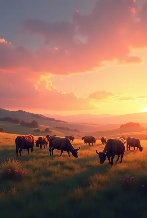  Generates a tranquil image of a field with cows grazing at dusk, where the sky is illuminated with warm shades of orange and pink ,  creating a serene and natural environment .