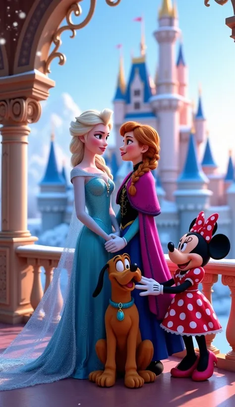  Elsa and Anna stand together on the castle balcony, they have Pluto and Minnie next to them