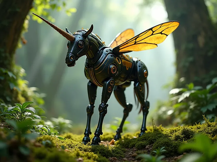 Ferns ,mousse  , robot unicorn beetle , Realistic photo and metallic black gold 