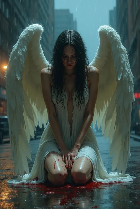 An angel crying on her knees bruised in white clothes with blood and a raining street at night 